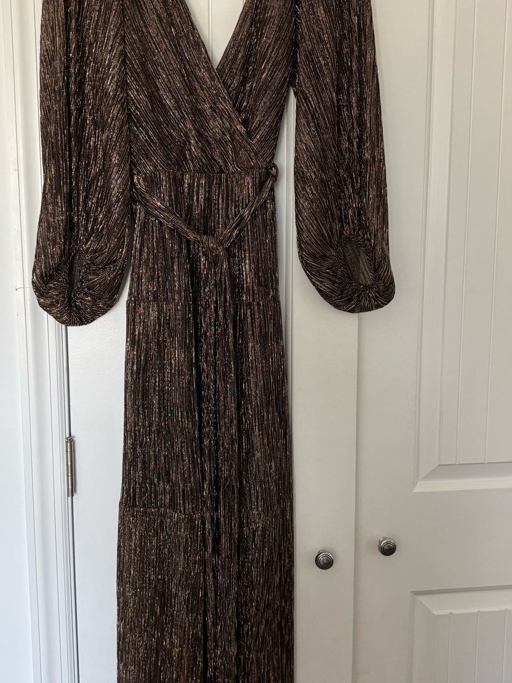 Eliza J Brown Metallic Wrap Maxi Dress with Balloon Sleeves